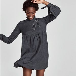 ZARA BEAD EMBROIDERED GRAY LONG SLEEVED DRESS BRAND NEW WITH TAGS XS